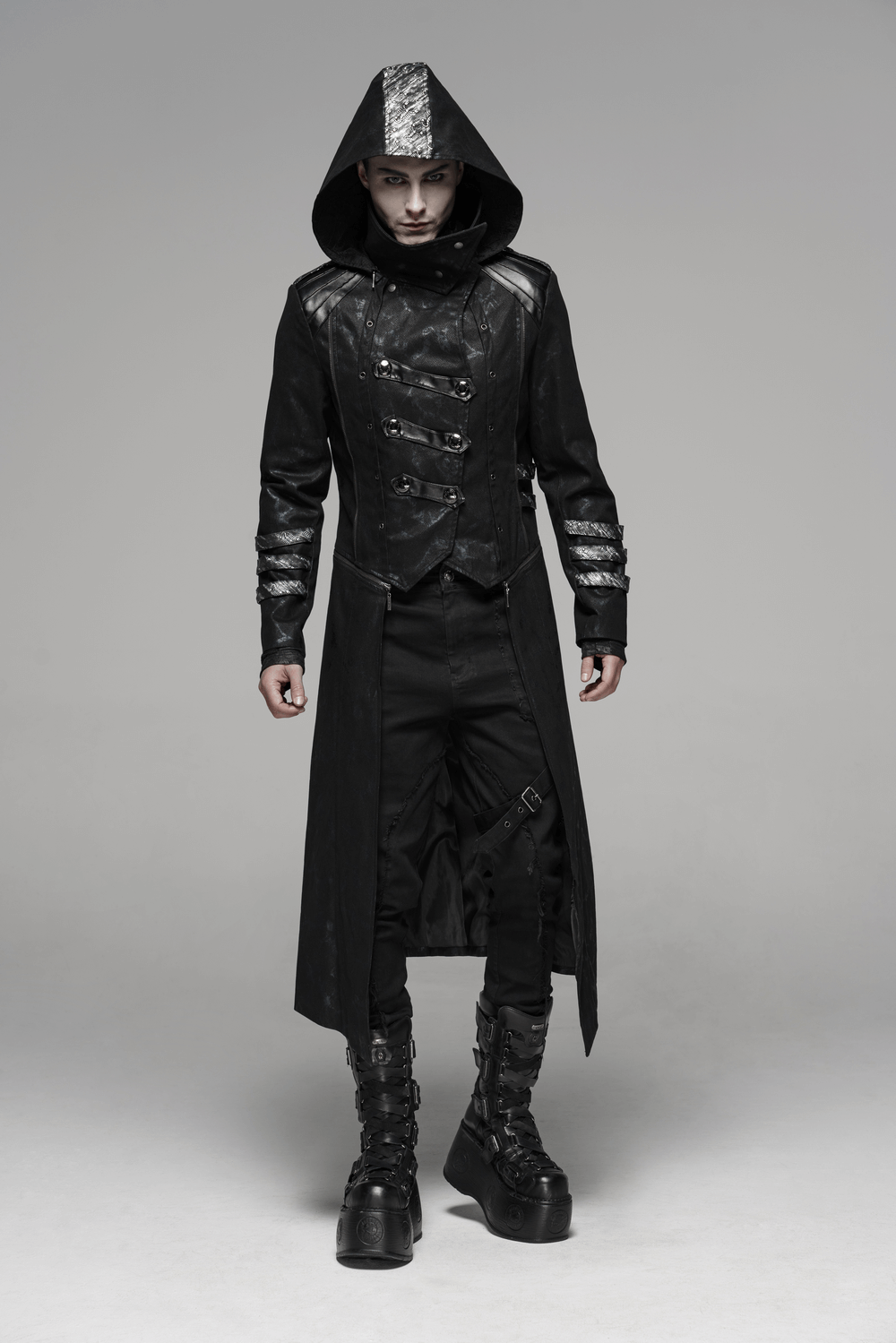 Men's gothic hooded longline coat with buckles, featuring a dramatic silhouette and striking details.