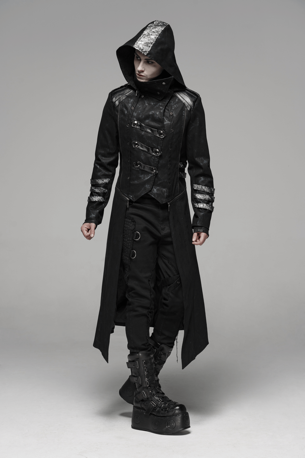 Gothic style hooded longline coat with buckles - HARD'N'HEAVY