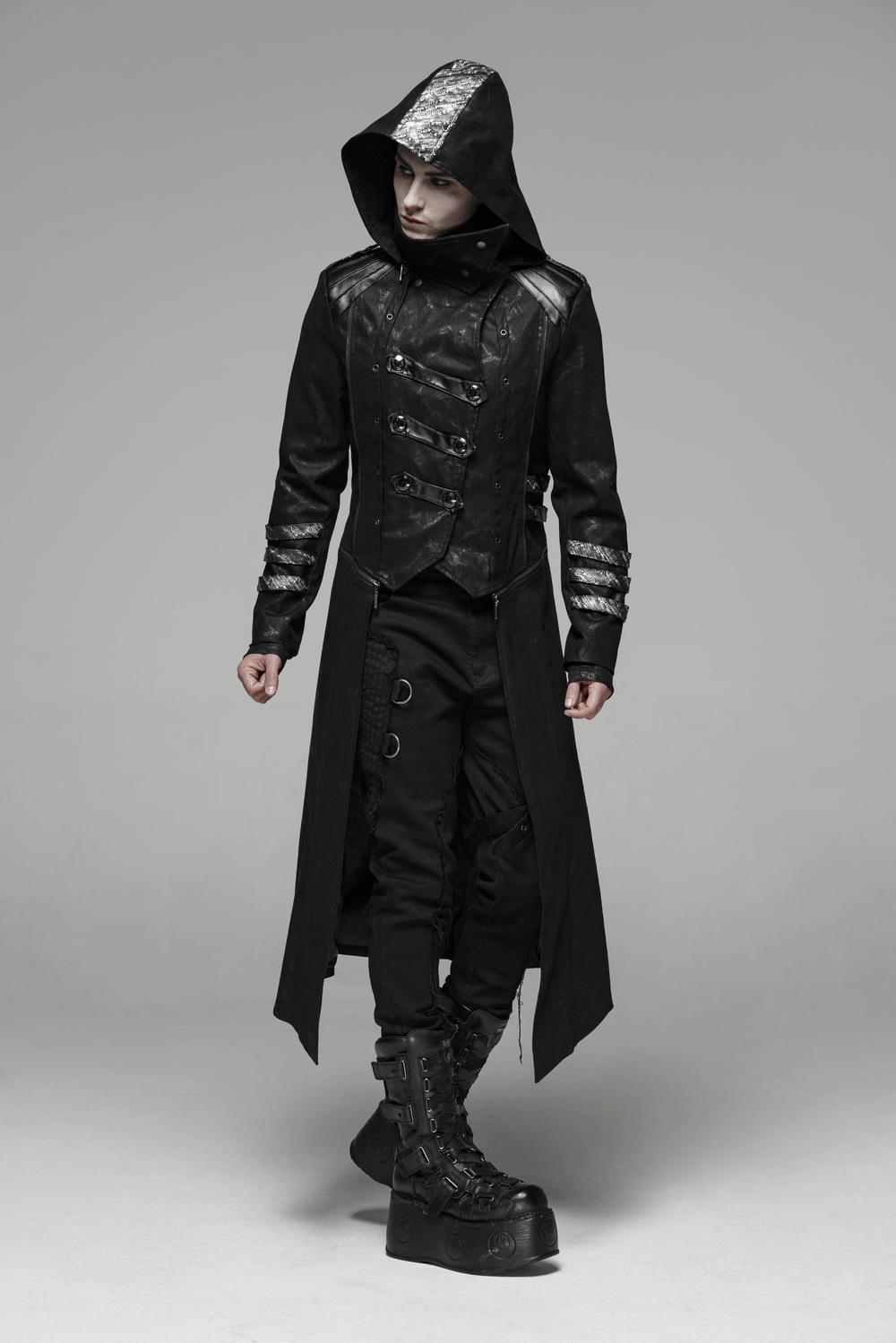 Men's Gothic hooded longline coat with buckles and dramatic silhouette, perfect for bold fashion statements.