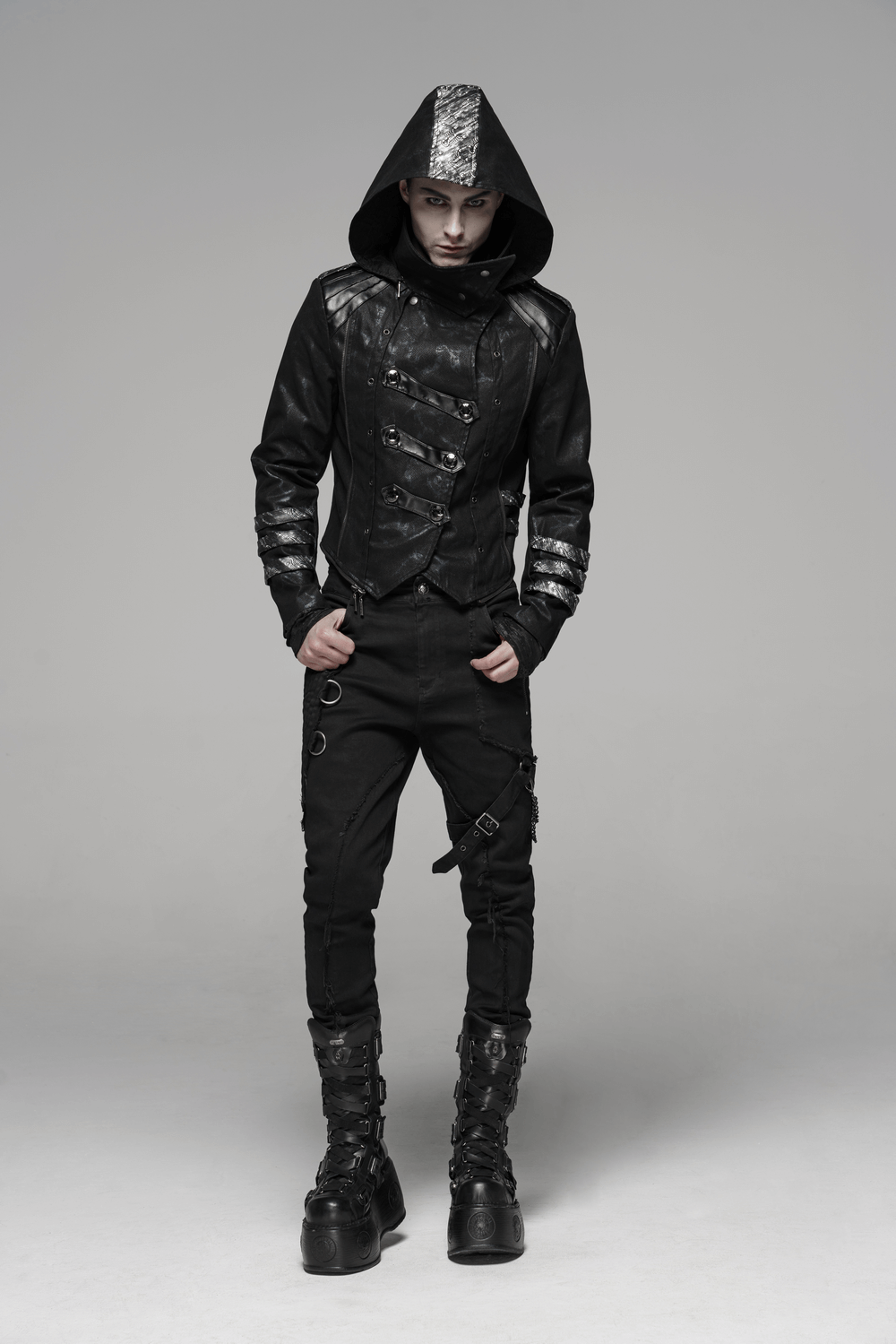 Men's gothic hooded coat with buckles and edgy details, perfect for bold fashion statements.
