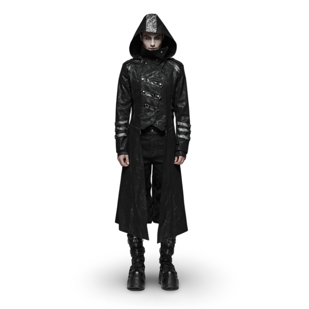 Men's Gothic style hooded longline coat with buckles, featuring a dramatic silhouette and sleek black design.