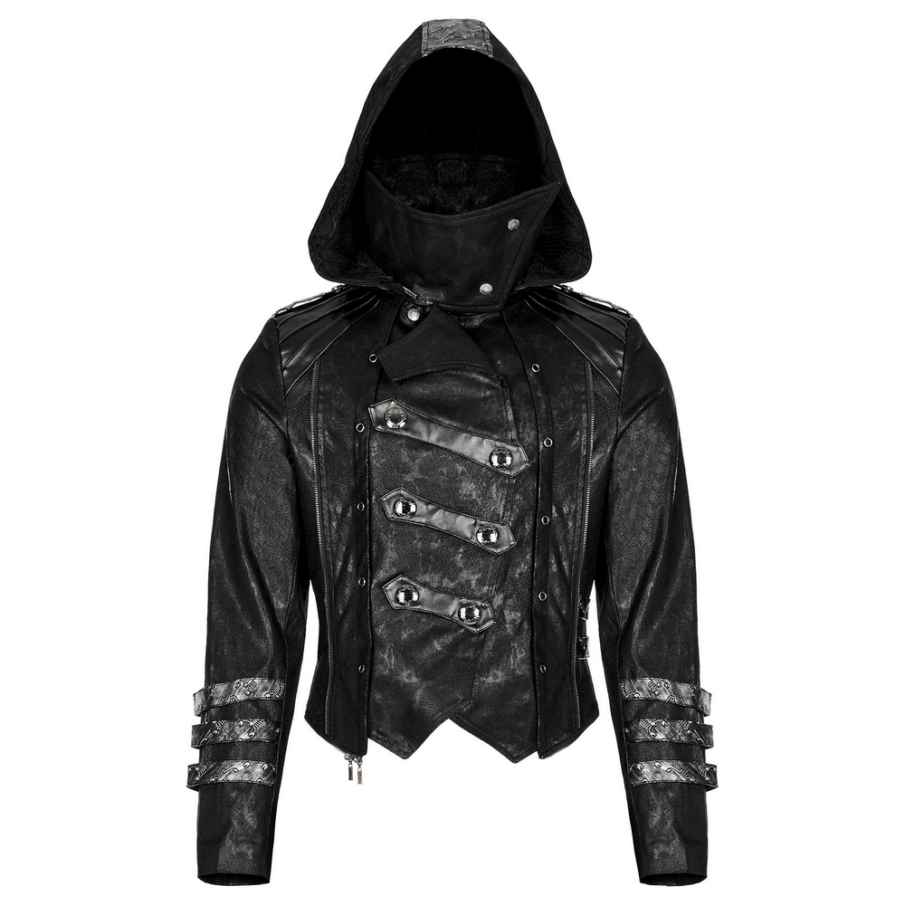 Gothic style hooded longline coat with buckles, perfect for a dramatic fashion statement.