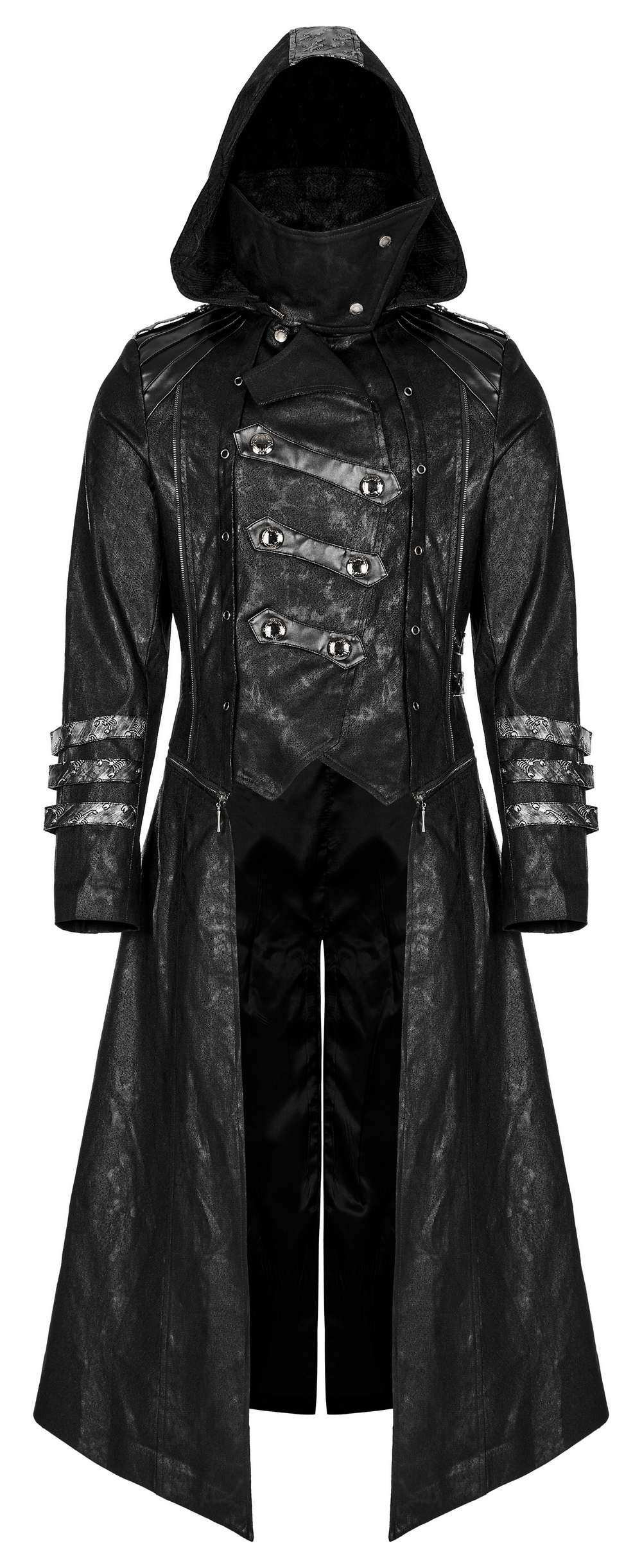 Gothic style hooded longline coat with buckles, perfect for themed events and standout daily wear.