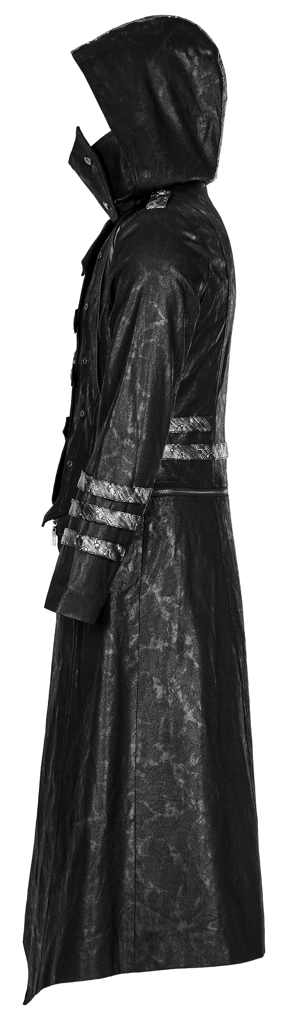 Men's Gothic Hooded Longline Coat featuring buckles and a dramatic silhouette, perfect for bold fashion statements.