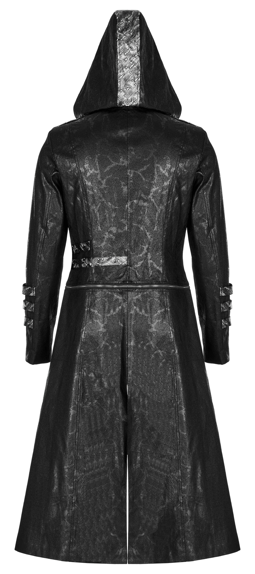 Back view of a Gothic style hooded longline coat with buckles, showcasing its unique silhouette and dark allure.