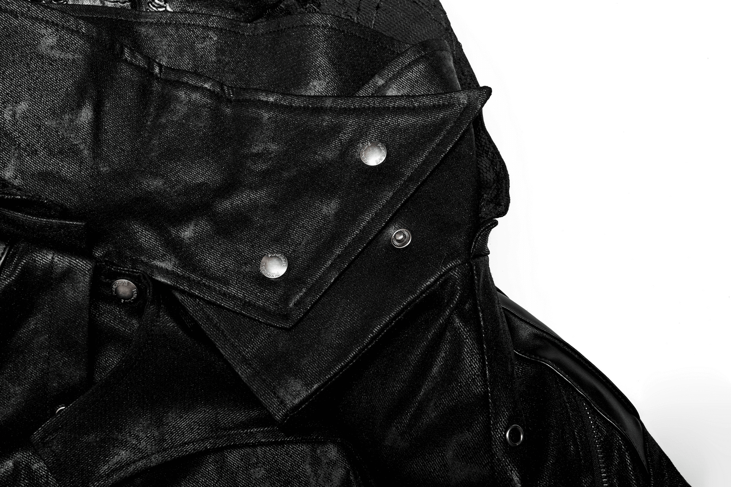 Close-up of a gothic style hooded coat featuring dramatic collar and bold metallic buttons.