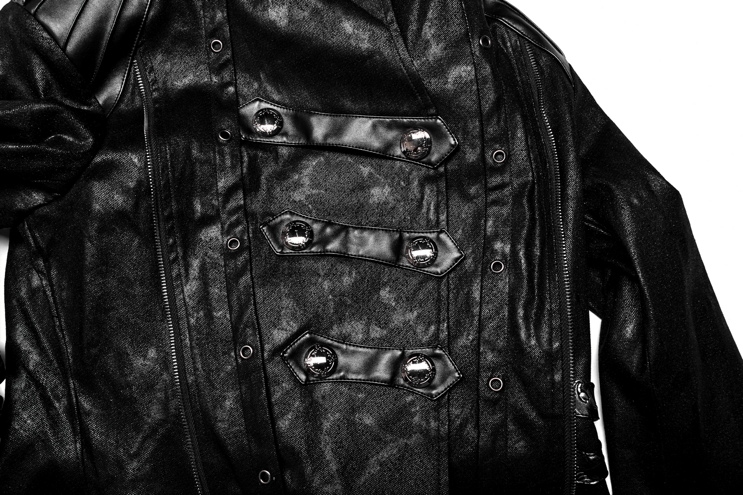 Close-up of a Gothic style black coat featuring unique buckles and a dramatic texture.