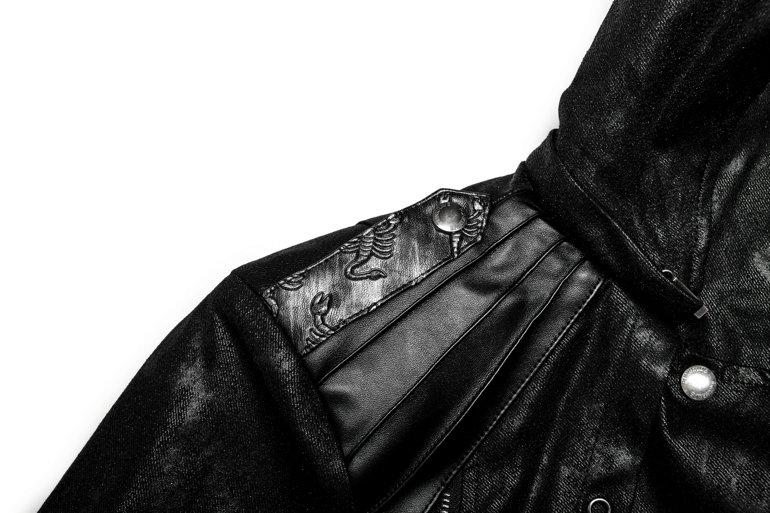 Stylish detail of black gothic hooded coat showcasing intricate shoulder design and buckles.