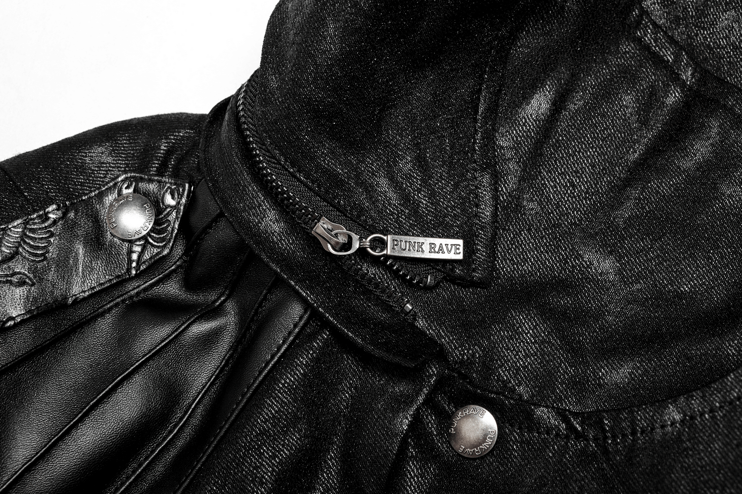 Close-up of Gothic hooded coat zipper detail featuring bold buckles for a unique, edgy style.