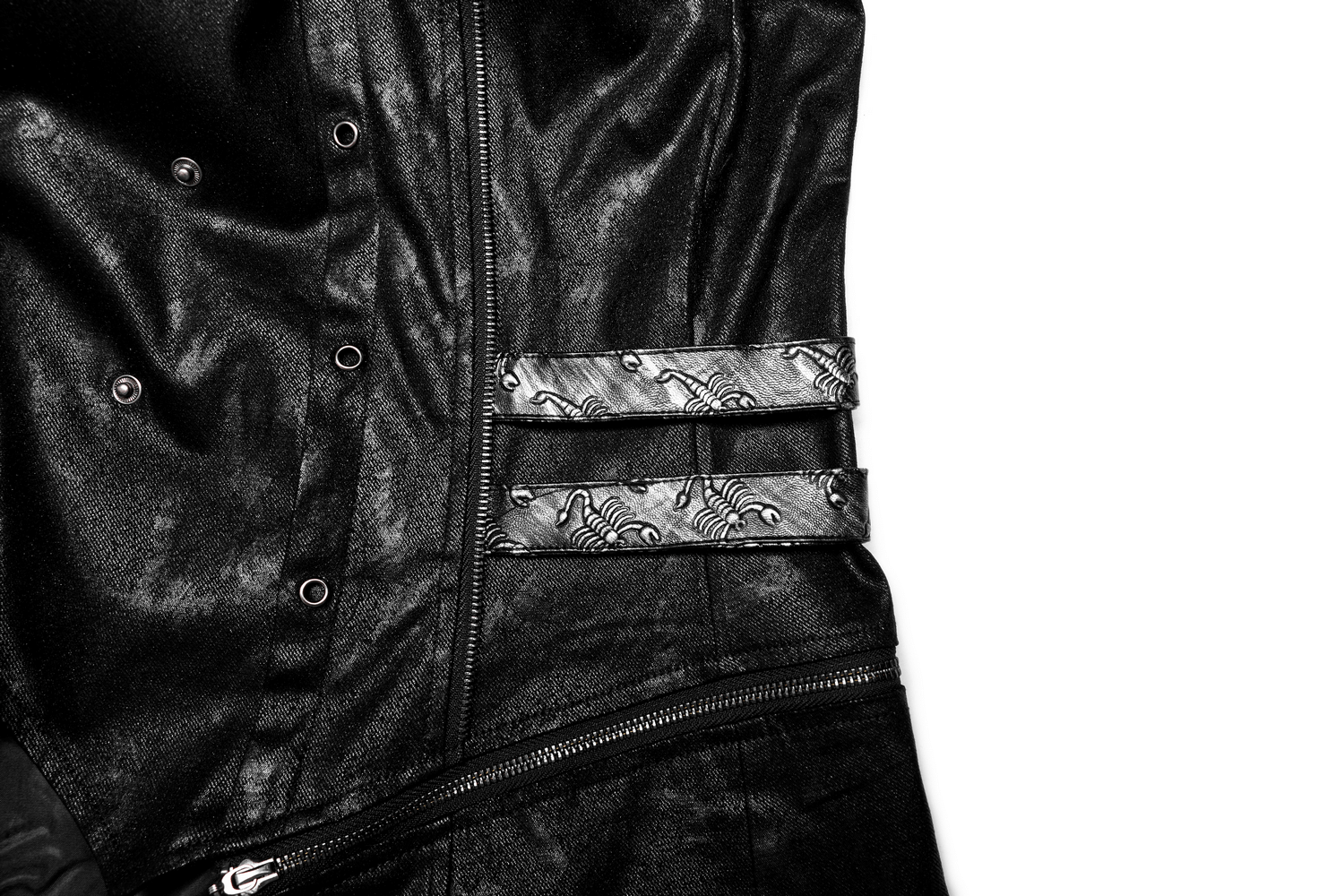 Close-up of the buckles on a Gothic style hooded longline coat, showcasing its sleek black fabric and unique design.