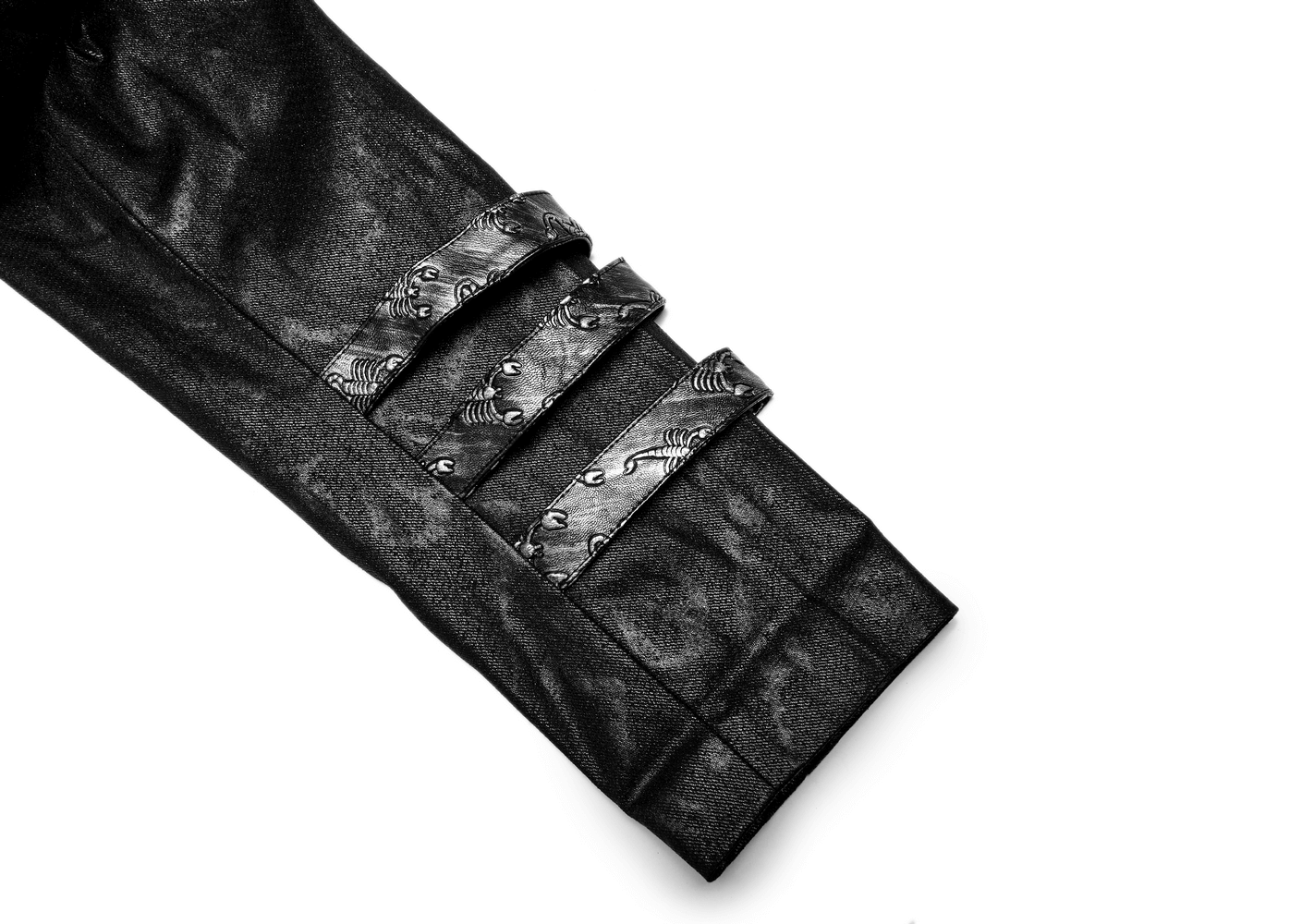 Detail of a Gothic style black coat sleeve featuring striking buckles for a bold fashion statement.