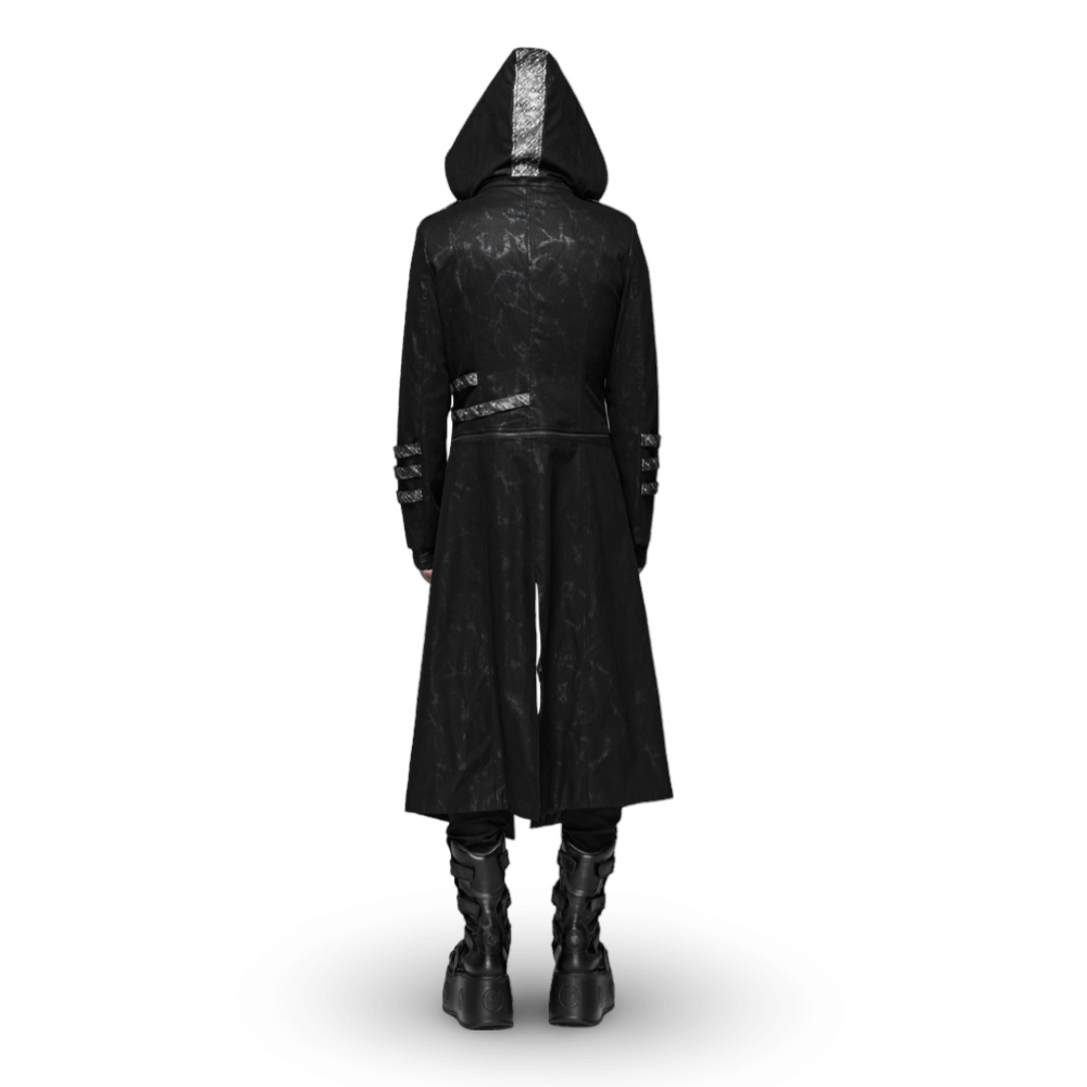 Back view of a men's gothic style hooded longline coat with unique buckles and a dramatic silhouette.