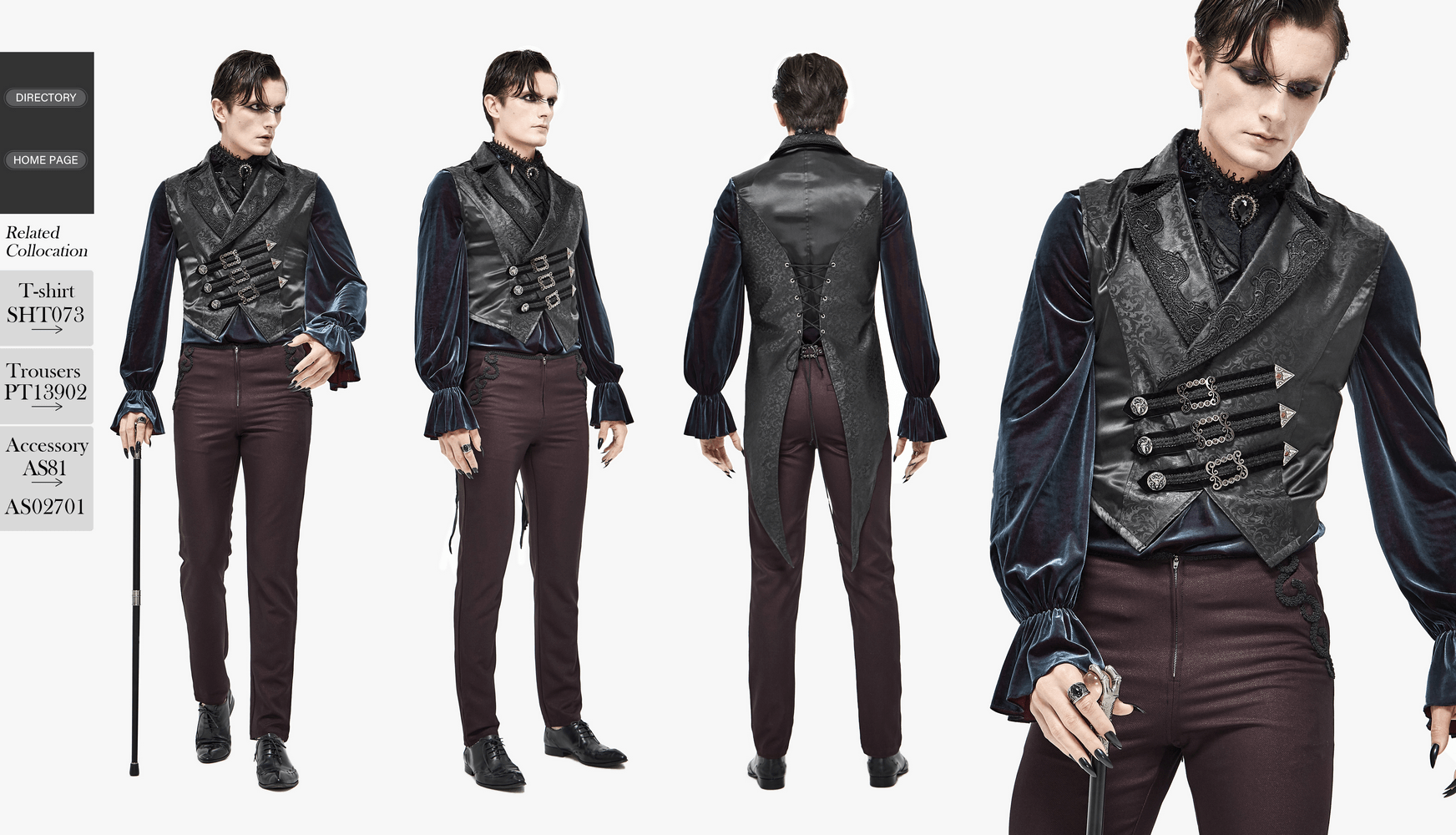 Men's gothic style lace waistcoat with buckles, paired with vintage trousers and shirt for a chic retro look.