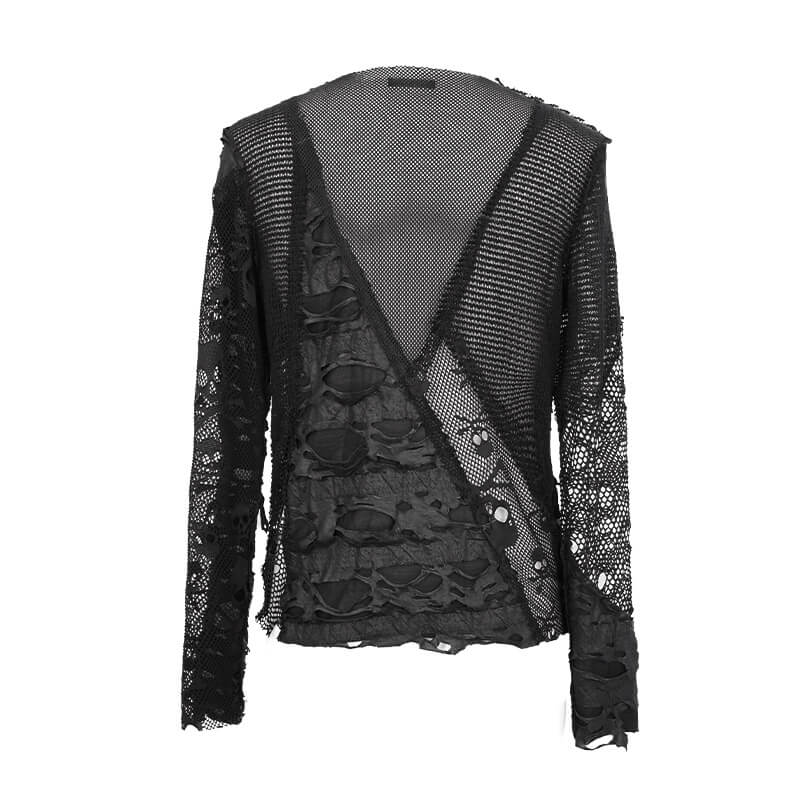 Gothic Style Men's Broken Hole Skull Pattern Top / Rock Male Black Mesh Tops / Alternative Fashion - HARD'N'HEAVY