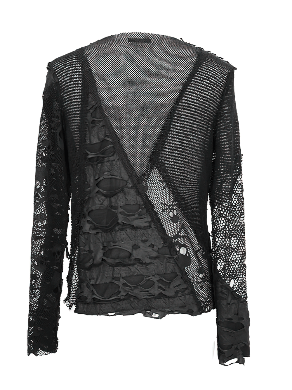 Gothic men's black mesh top with broken hole details and skull pattern, perfect for alternative fashion enthusiasts.