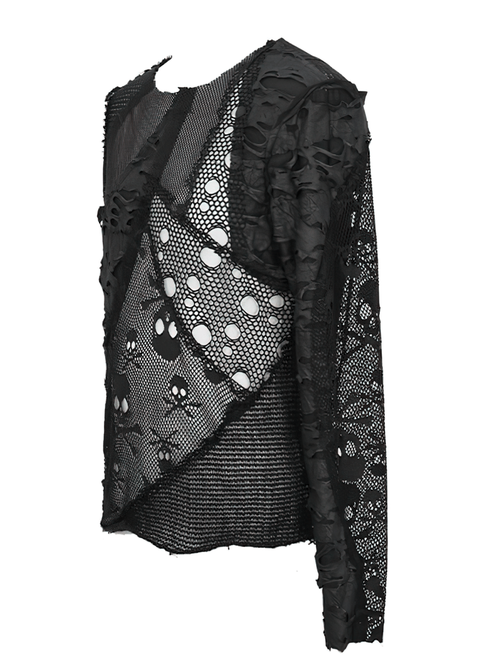 Gothic men's black mesh top with torn inserts and skull pattern, perfect for alternative fashion lovers.