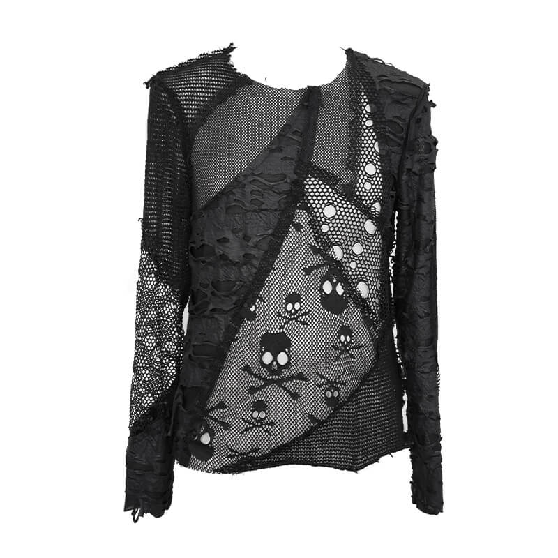 Gothic Style Men's Broken Hole Skull Pattern Top / Rock Male Black Mesh Tops / Alternative Fashion - HARD'N'HEAVY