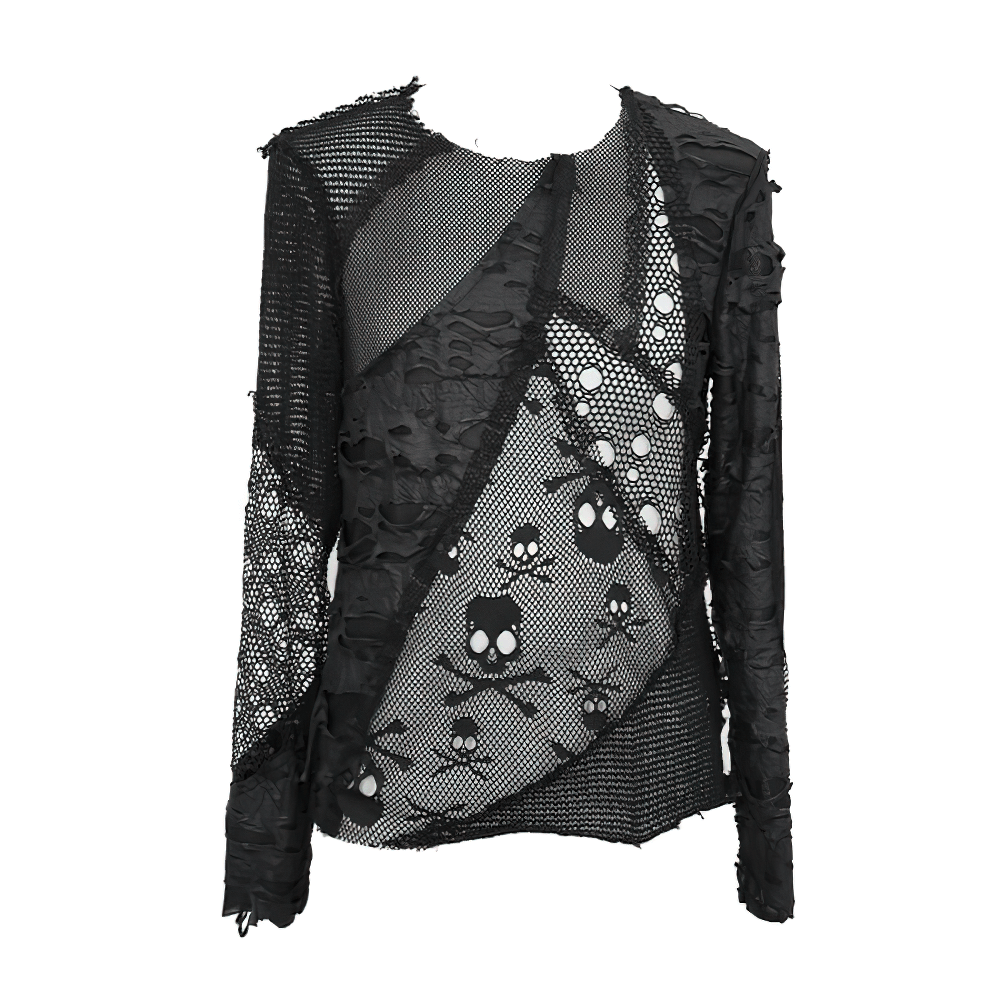Gothic men's black mesh top featuring torn inserts and skull pattern, perfect for alternative fashion enthusiasts.