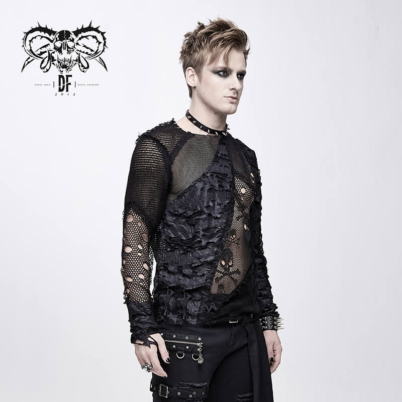 Gothic Style Men's Broken Hole Skull Pattern Top / Rock Male Black Mesh Tops / Alternative Fashion - HARD'N'HEAVY