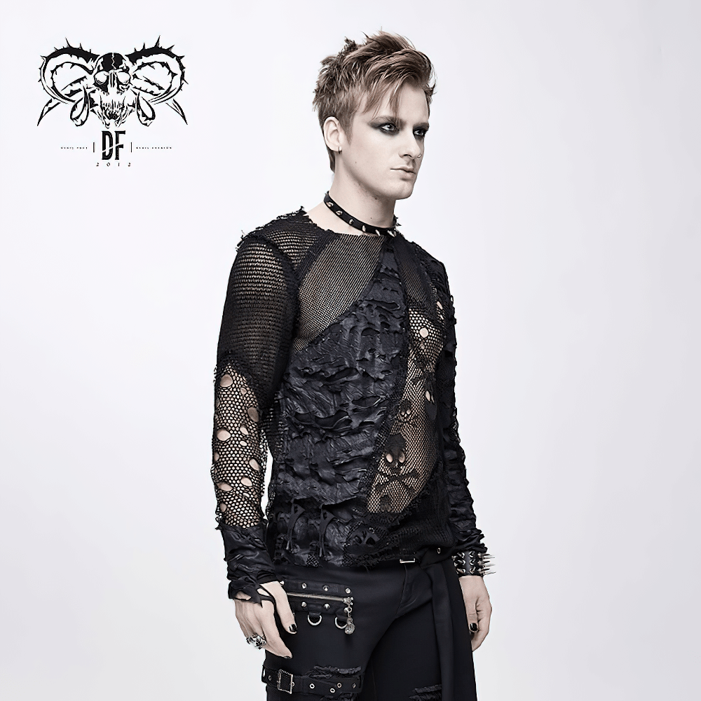 Gothic men's black mesh top featuring torn inserts and skull pattern for an alternative fashion look.