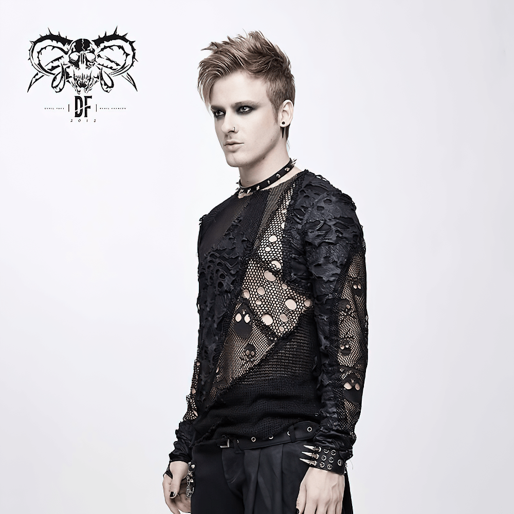 Gothic men's black mesh top featuring torn details and skull pattern, perfect for alternative fashion enthusiasts.
