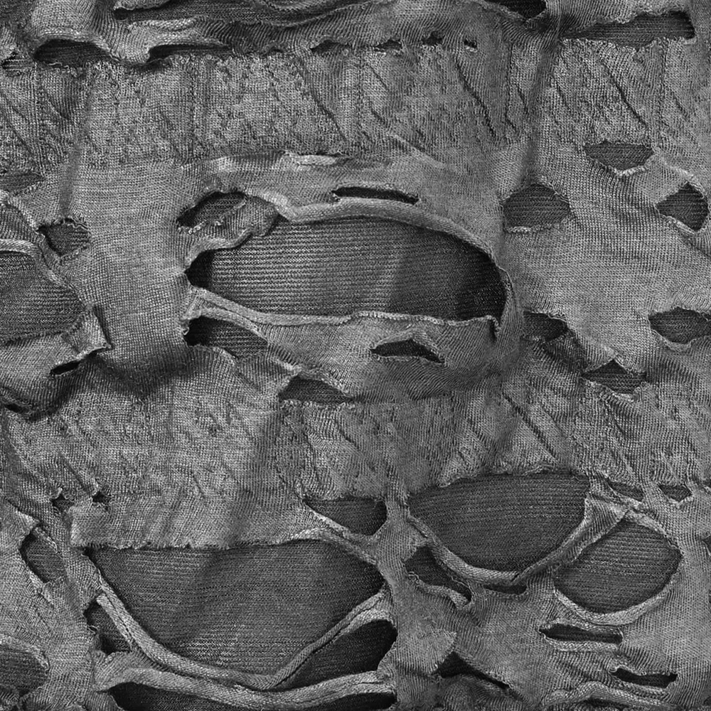 Gothic black mesh fabric with torn holes, showcasing a trendy alternative fashion style for men's tops.