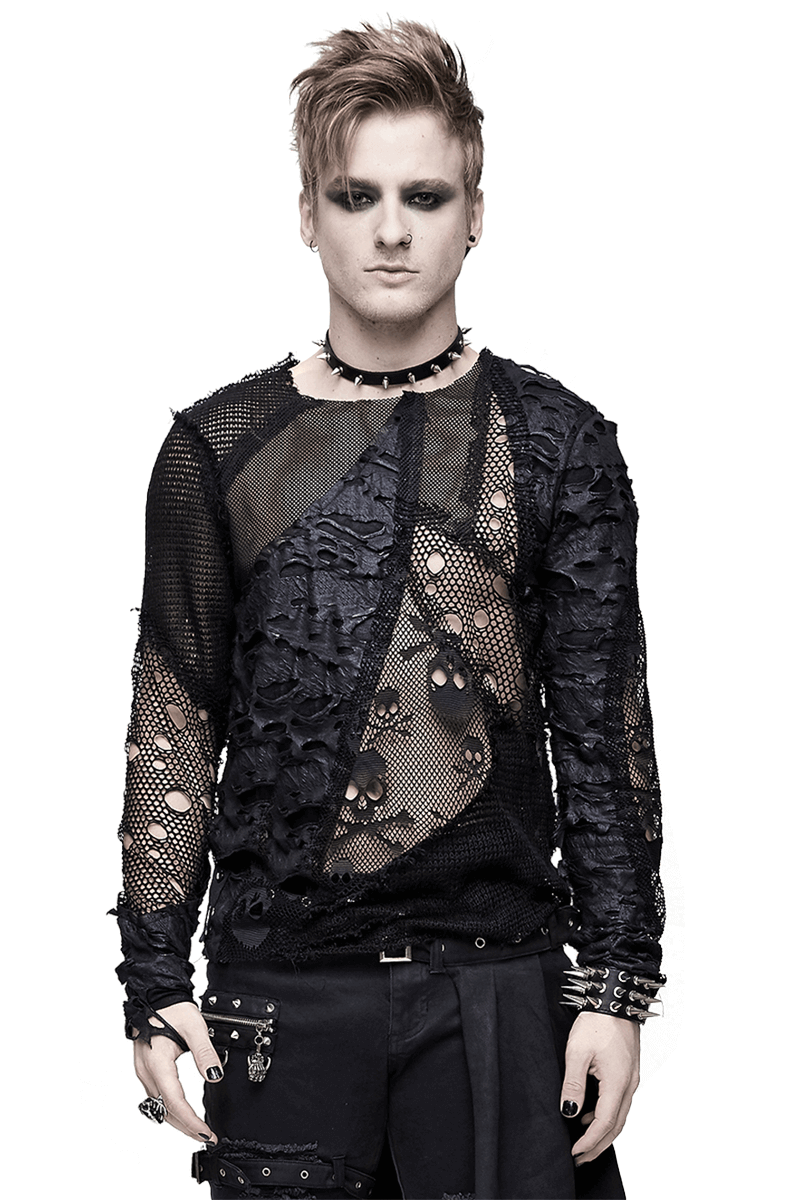 Gothic Style Men's Broken Hole Skull Pattern Top / Rock Male Black Mesh Tops / Alternative Fashion - HARD'N'HEAVY