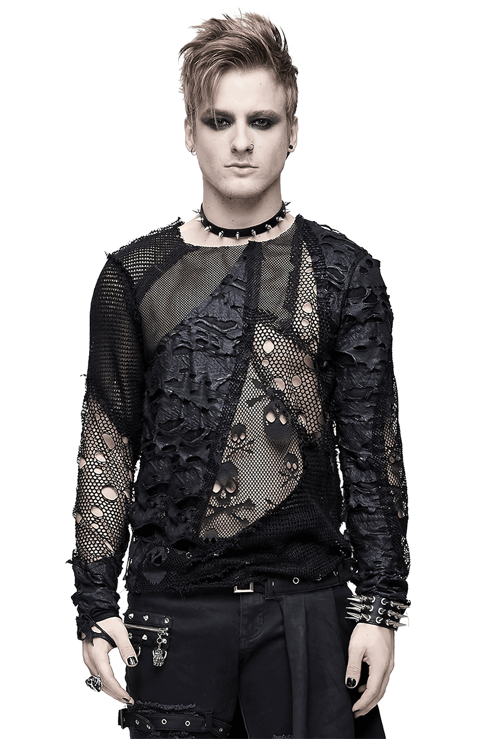 Gothic style men's black mesh top with torn inserts and skull pattern, perfect for alternative fashion lovers.