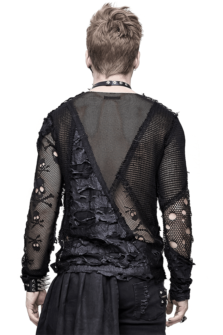 Gothic Style Men's Broken Hole Skull Pattern Top / Rock Male Black Mesh Tops / Alternative Fashion - HARD'N'HEAVY