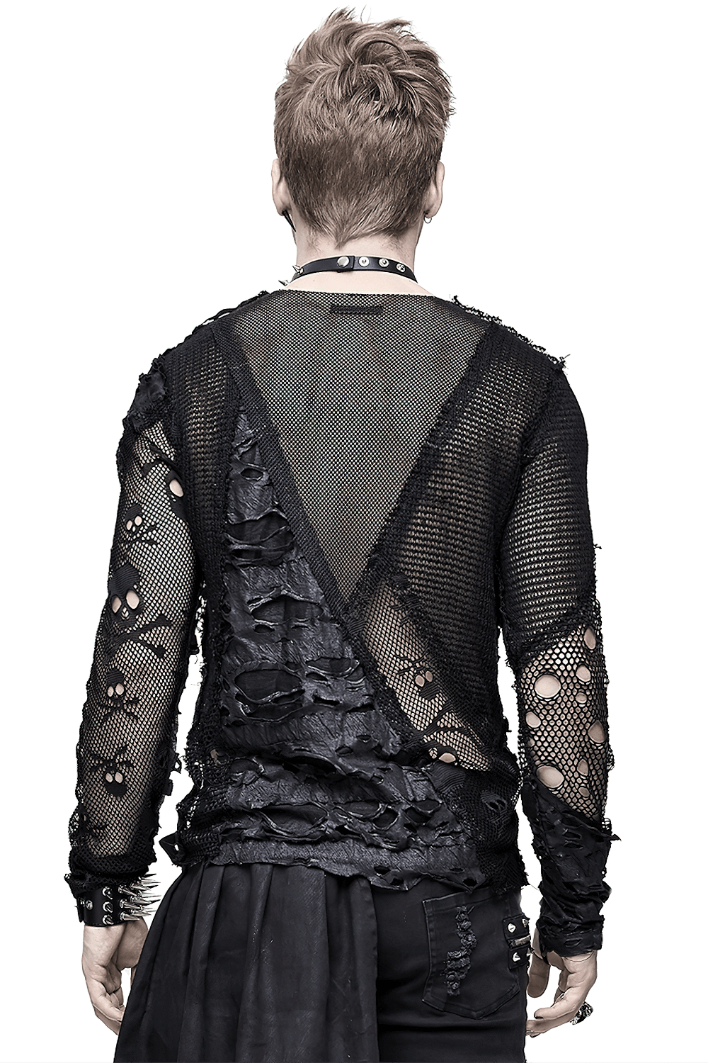 Gothic men's black mesh top with broken hole skull pattern, featuring torn inserts and a stylish design.