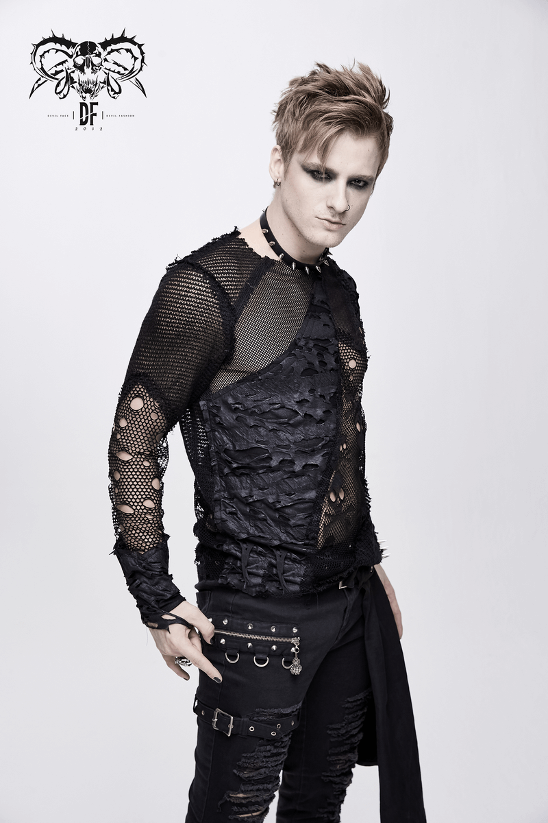 Gothic Style Men's Broken Hole Skull Pattern Top / Rock Male Black Mesh Tops / Alternative Fashion - HARD'N'HEAVY