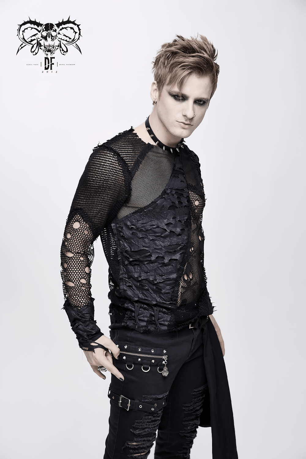 Gothic style men's black mesh top with skull pattern and torn inserts, perfect for alternative fashion enthusiasts.
