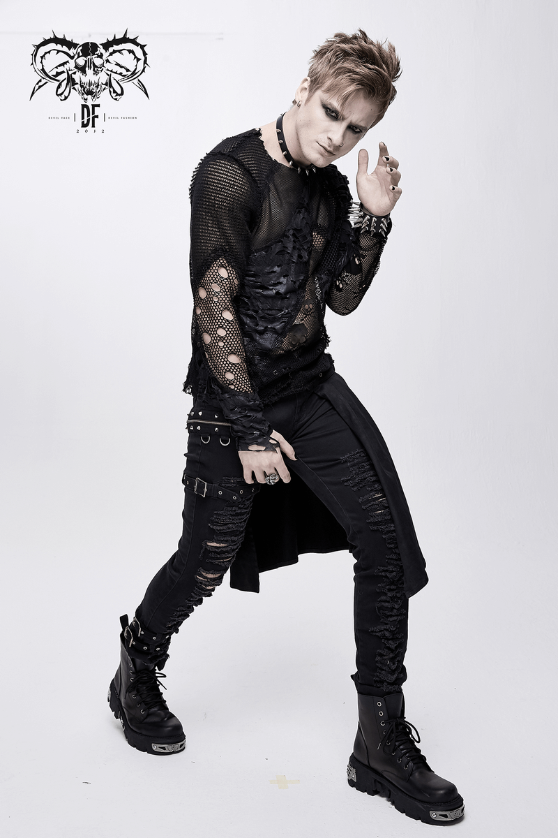 Gothic Style Men's Broken Hole Skull Pattern Top / Rock Male Black Mesh Tops / Alternative Fashion - HARD'N'HEAVY