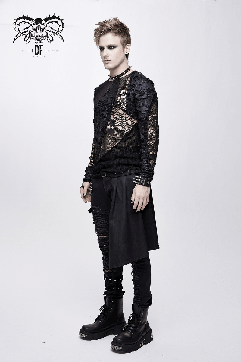 Gothic Style Men's Broken Hole Skull Pattern Top / Rock Male Black Mesh Tops / Alternative Fashion - HARD'N'HEAVY