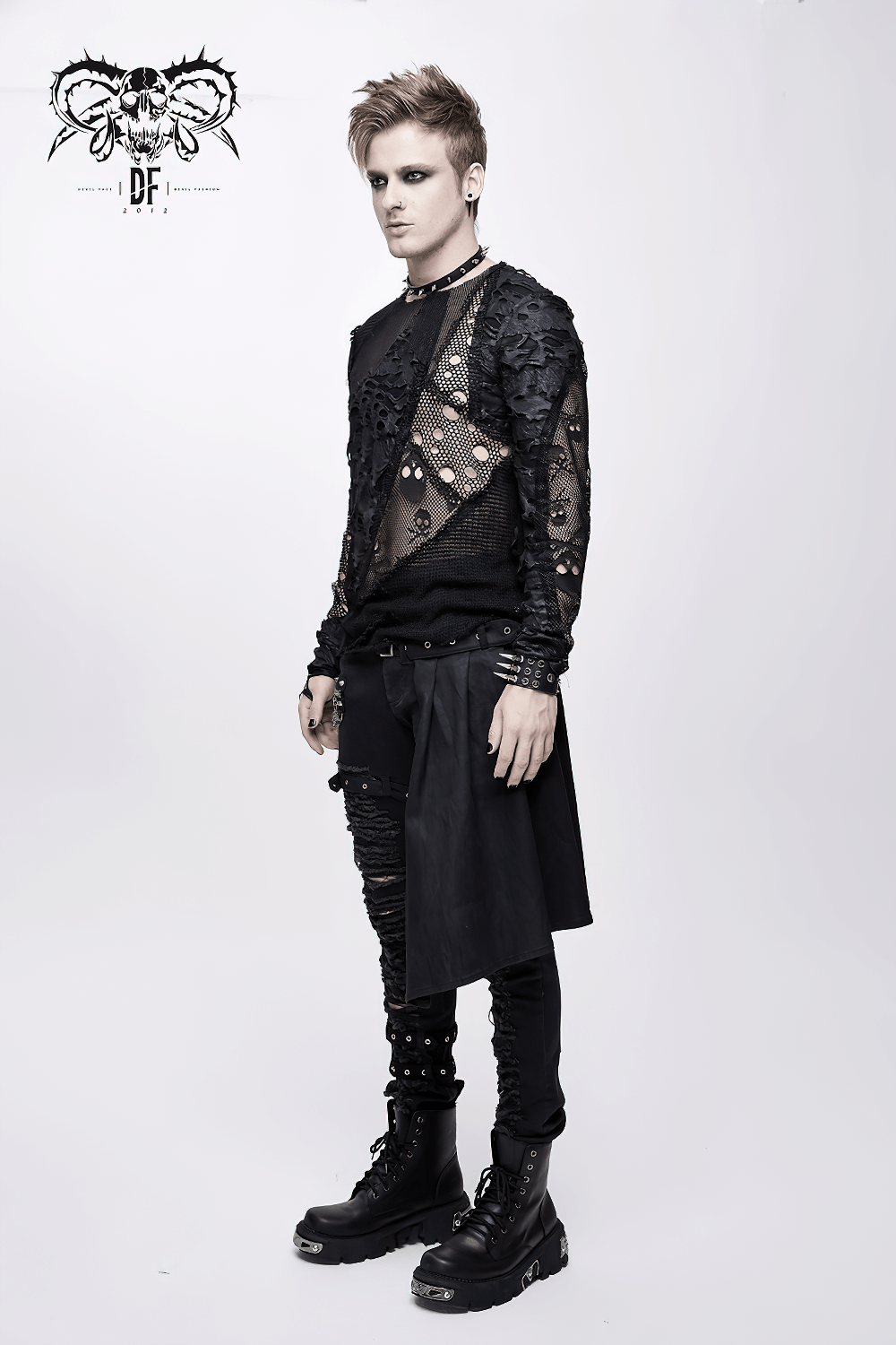 Gothic style men's black mesh top with skull pattern and torn details, perfect for alternative fashion enthusiasts.