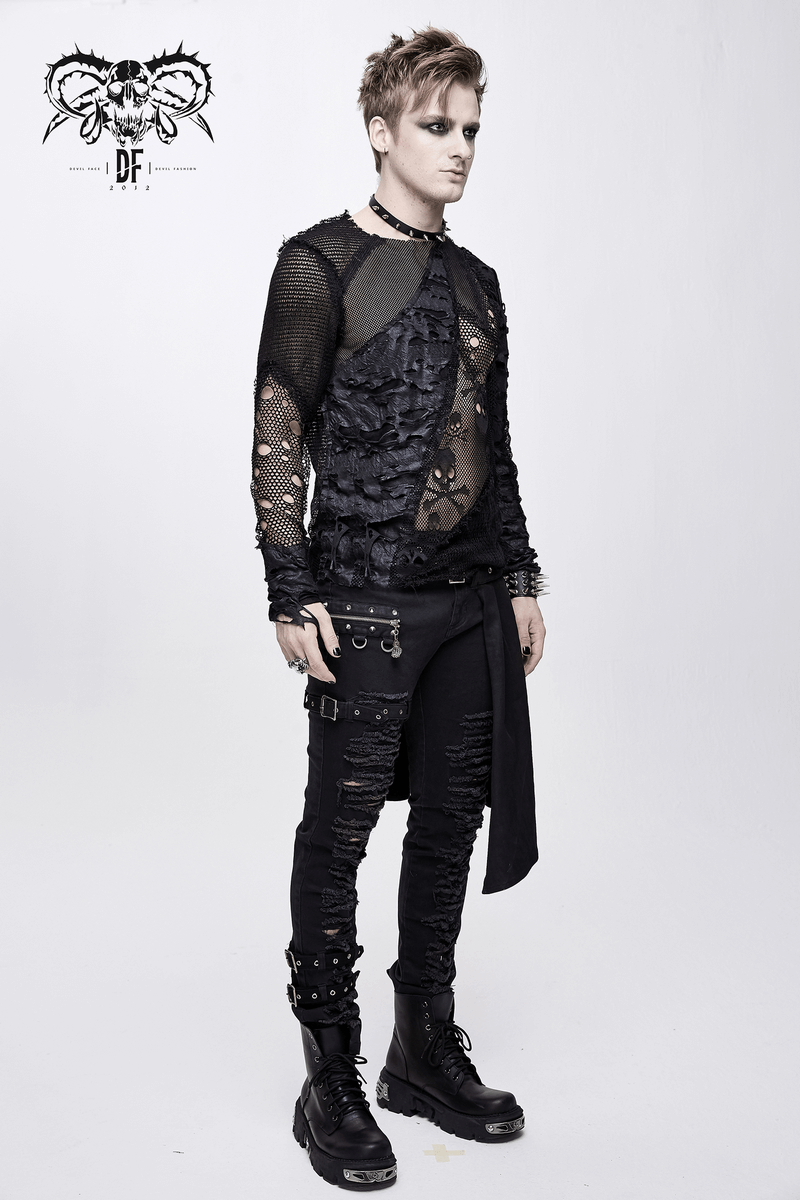 Gothic Style Men's Broken Hole Skull Pattern Top / Rock Male Black Mesh Tops / Alternative Fashion - HARD'N'HEAVY