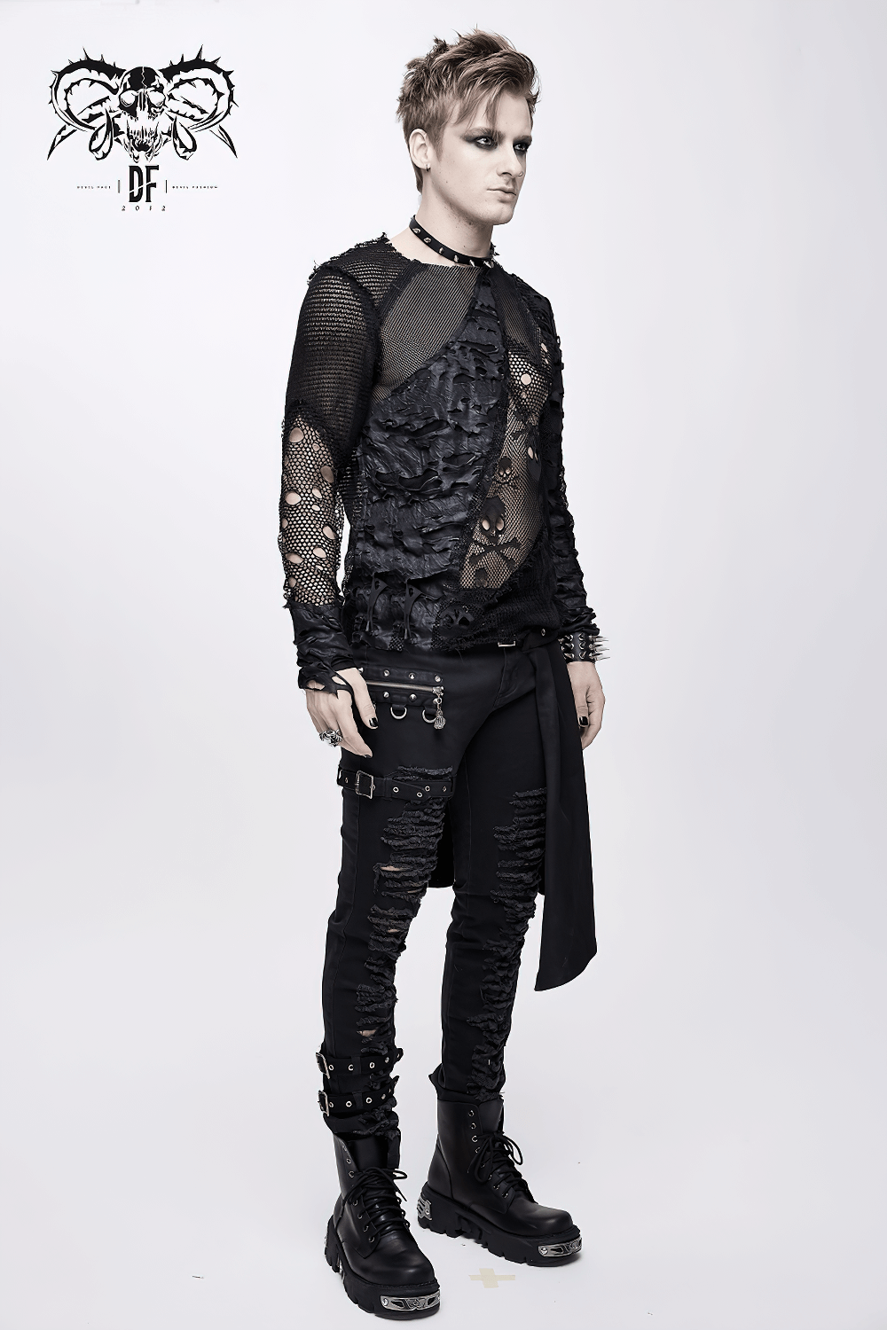 Gothic men's black mesh top with skull pattern and torn inserts, perfect for alternative fashion enthusiasts.