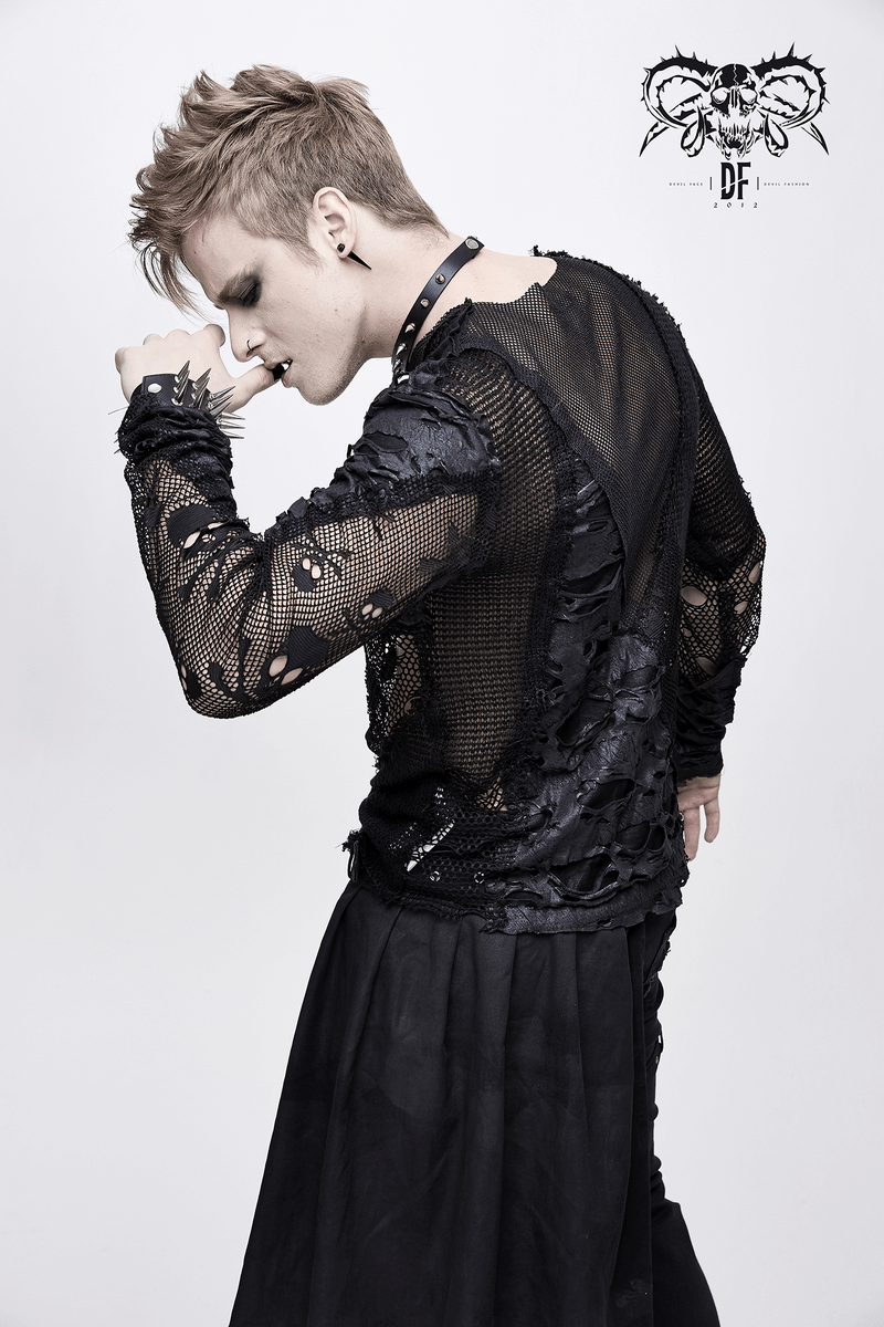 Gothic Style Men's Broken Hole Skull Pattern Top / Rock Male Black Mesh Tops / Alternative Fashion - HARD'N'HEAVY