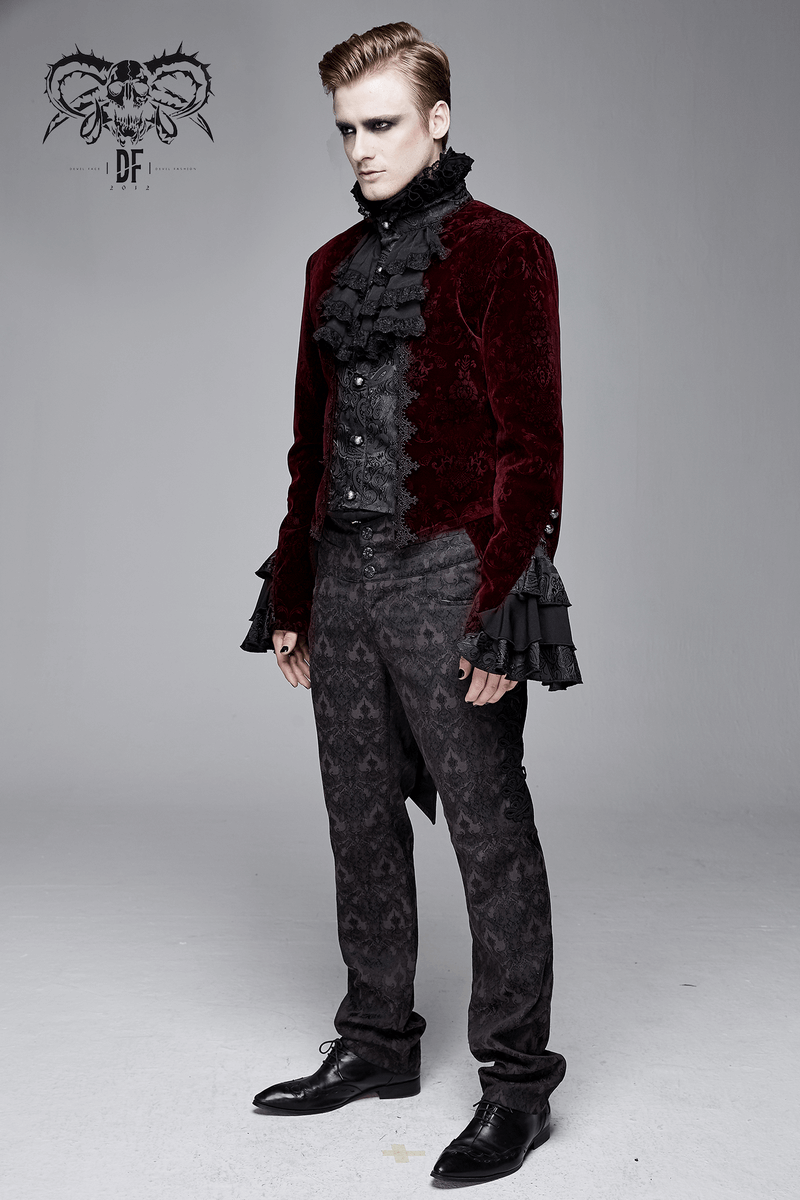 Gothic Style Men's Velvet Tailcoat / Vintage Damask Printed Pattern Coat - HARD'N'HEAVY