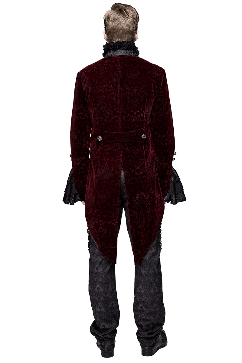 Gothic Style Men's Velvet Tailcoat / Vintage Damask Printed Pattern Coat - HARD'N'HEAVY