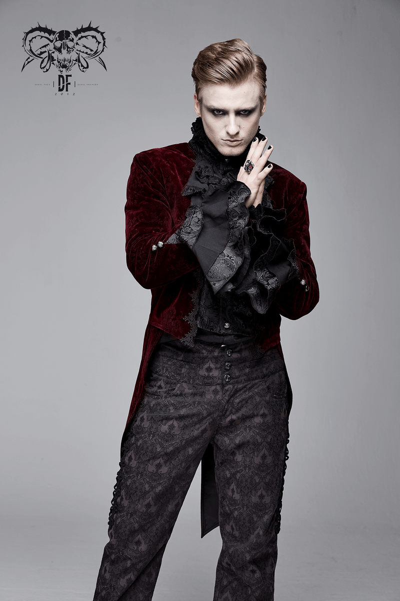 Gothic Style Men's Velvet Tailcoat / Vintage Damask Printed Pattern Coat - HARD'N'HEAVY