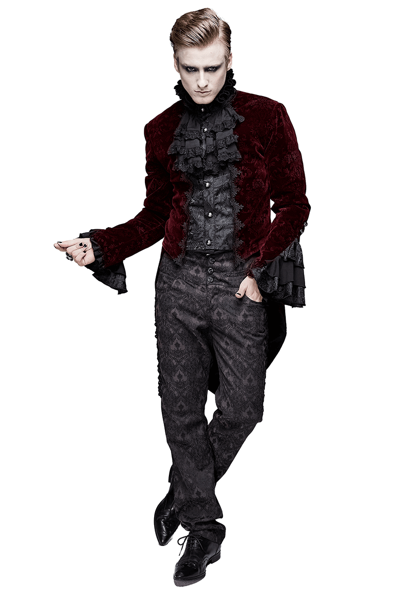 Gothic Style Men's Velvet Tailcoat / Vintage Damask Printed Pattern Coat - HARD'N'HEAVY