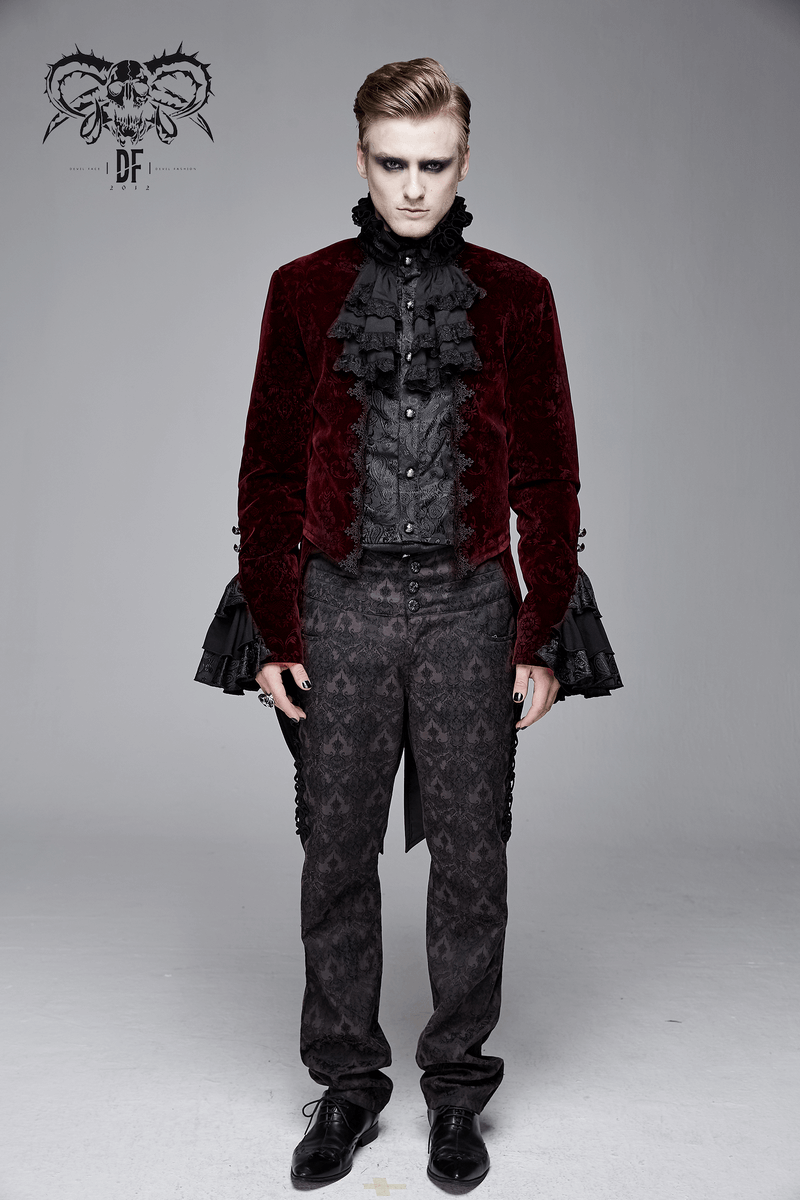 Gothic Style Men's Velvet Tailcoat / Vintage Damask Printed Pattern Coat - HARD'N'HEAVY