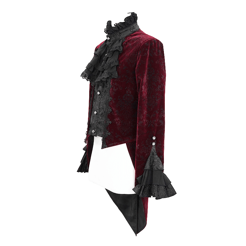 Gothic Style Men's Velvet Tailcoat / Vintage Damask Printed Pattern Coat - HARD'N'HEAVY