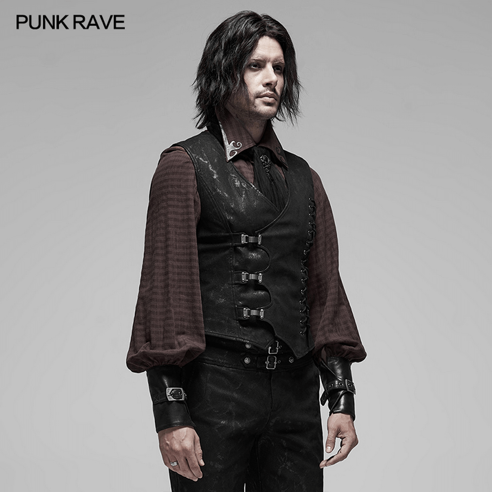 Gothic style men's vest with metal buckles and lacing, showcasing a bold black design for an edgy look.