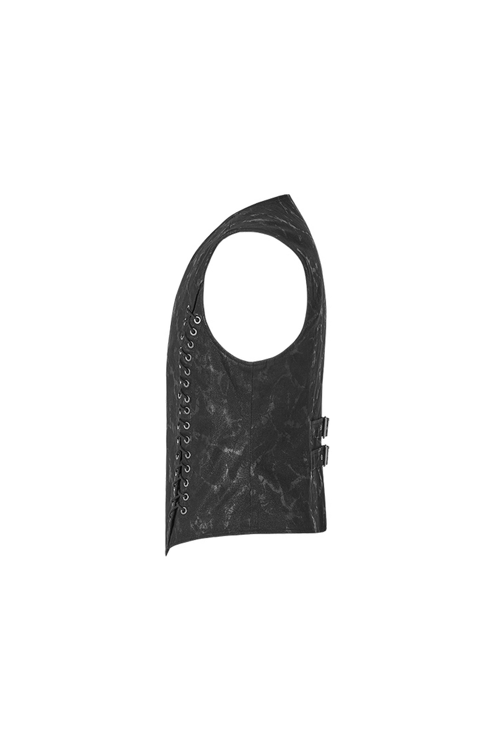 Side view of Gothic style men's vest with metal buckles and lacing, showcasing edgy black design and textured fabric.
