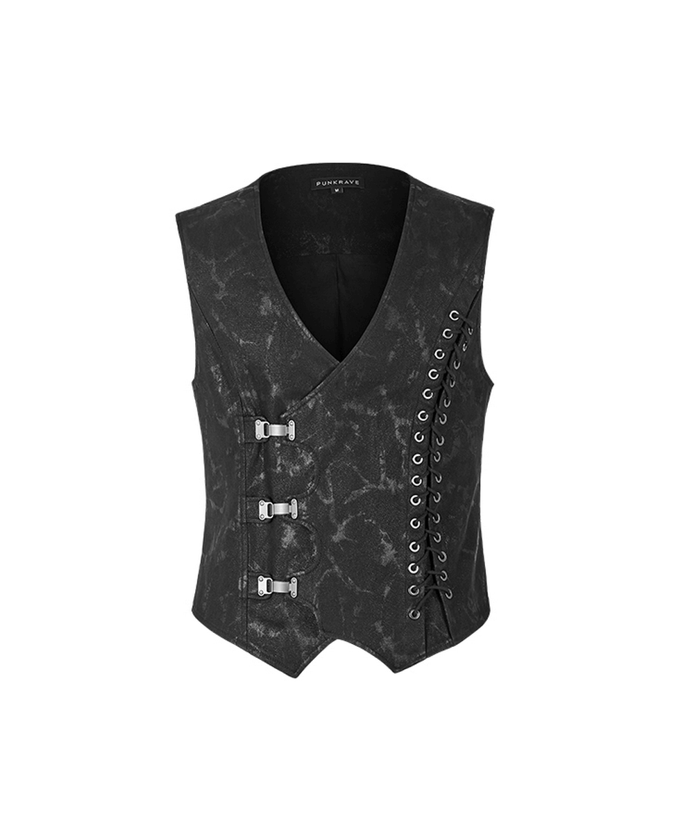 Gothic style men's vest in black with metal buckles and lacing, featuring a fitted design and edgy texture.