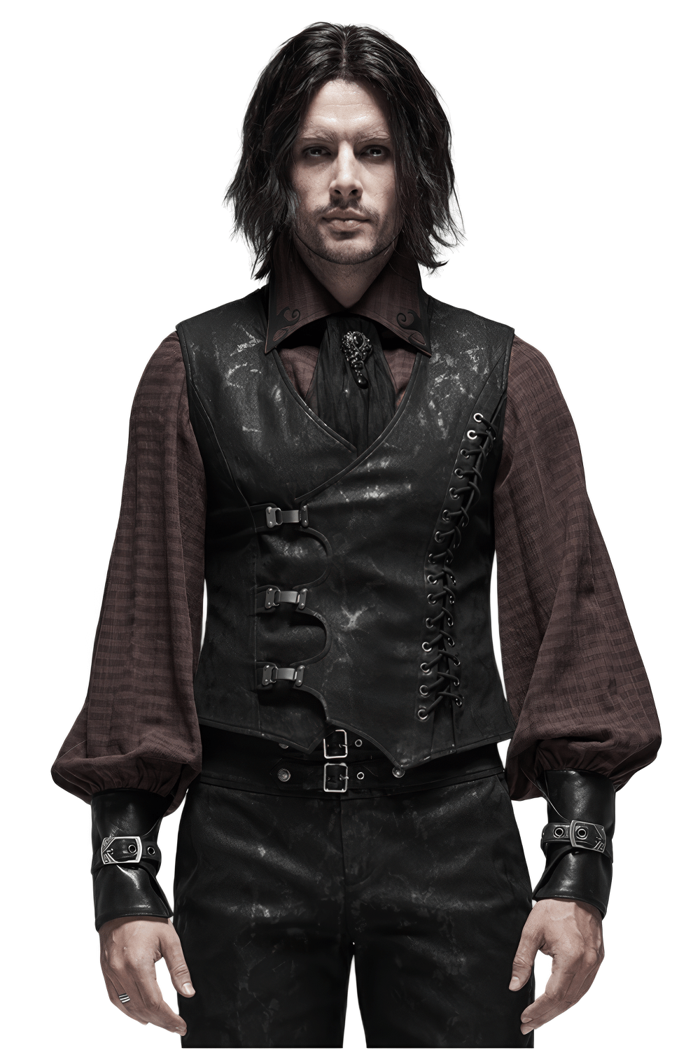 Gothic style men's black vest with metal buckles and lacing, perfect for edgy fashion enthusiasts.