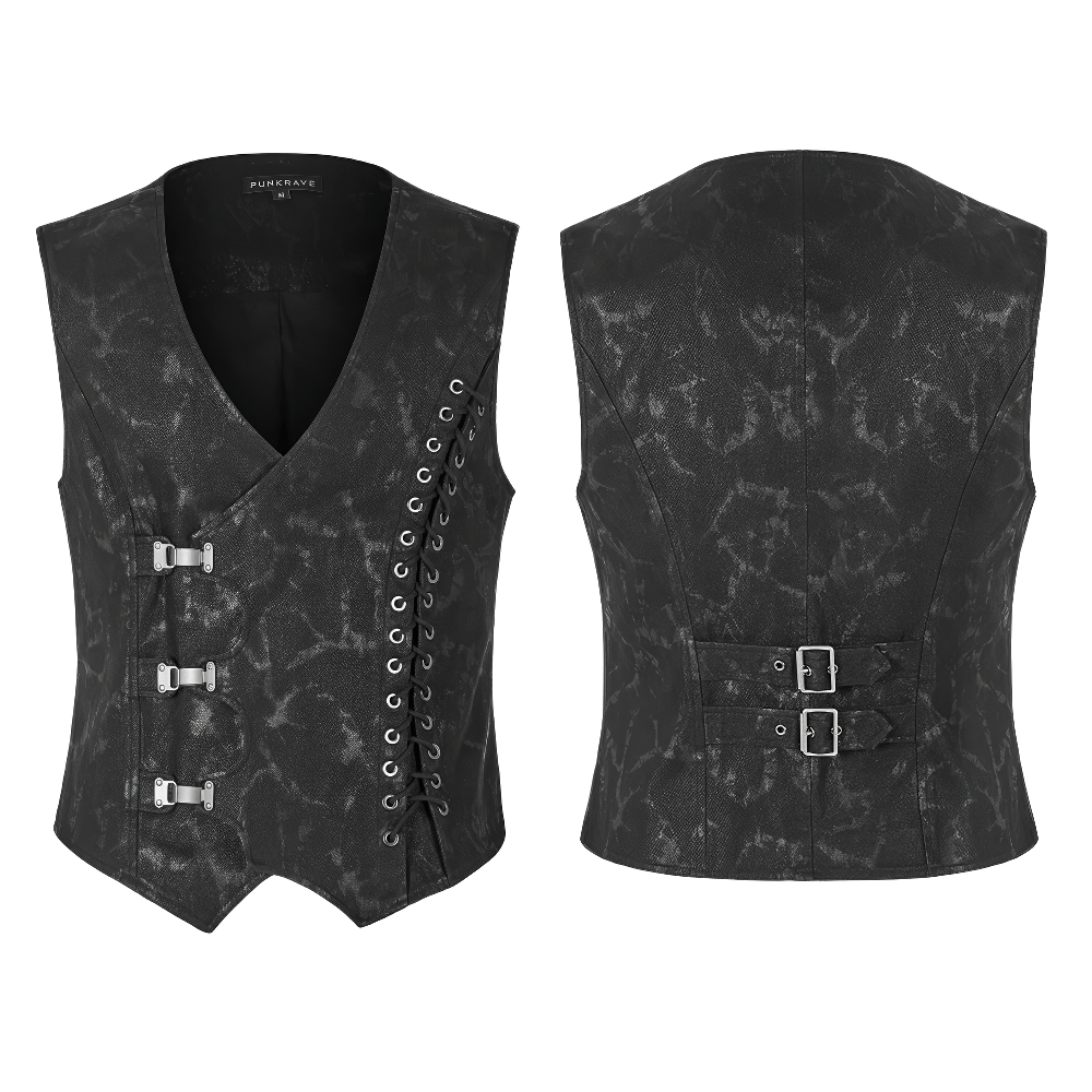 Gothic style men's black vest featuring metal buckles and lacing for a trendy edgy look.