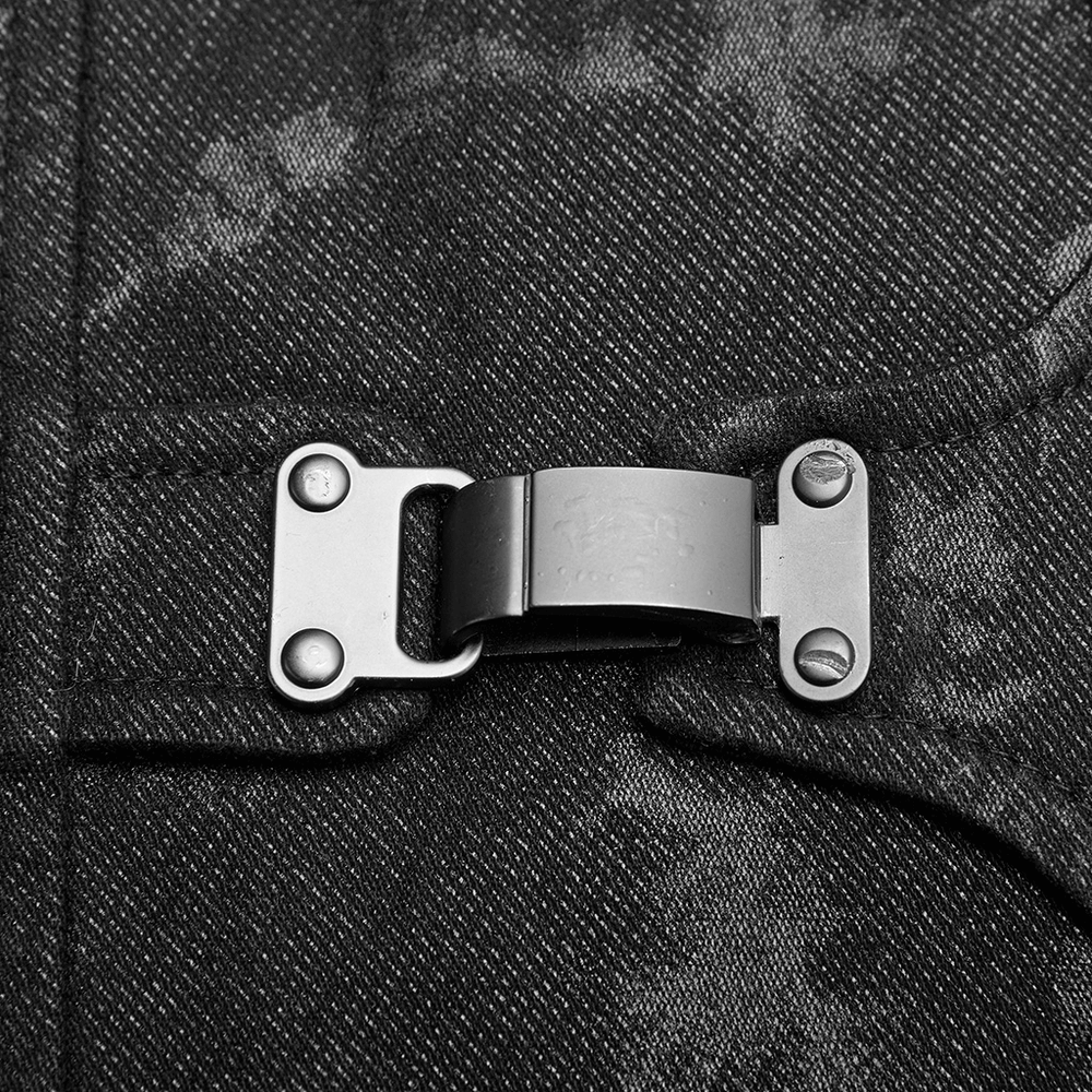 Close-up of metal buckle detail on a black Gothic men's vest, highlighting its edgy design and sturdy fastening.